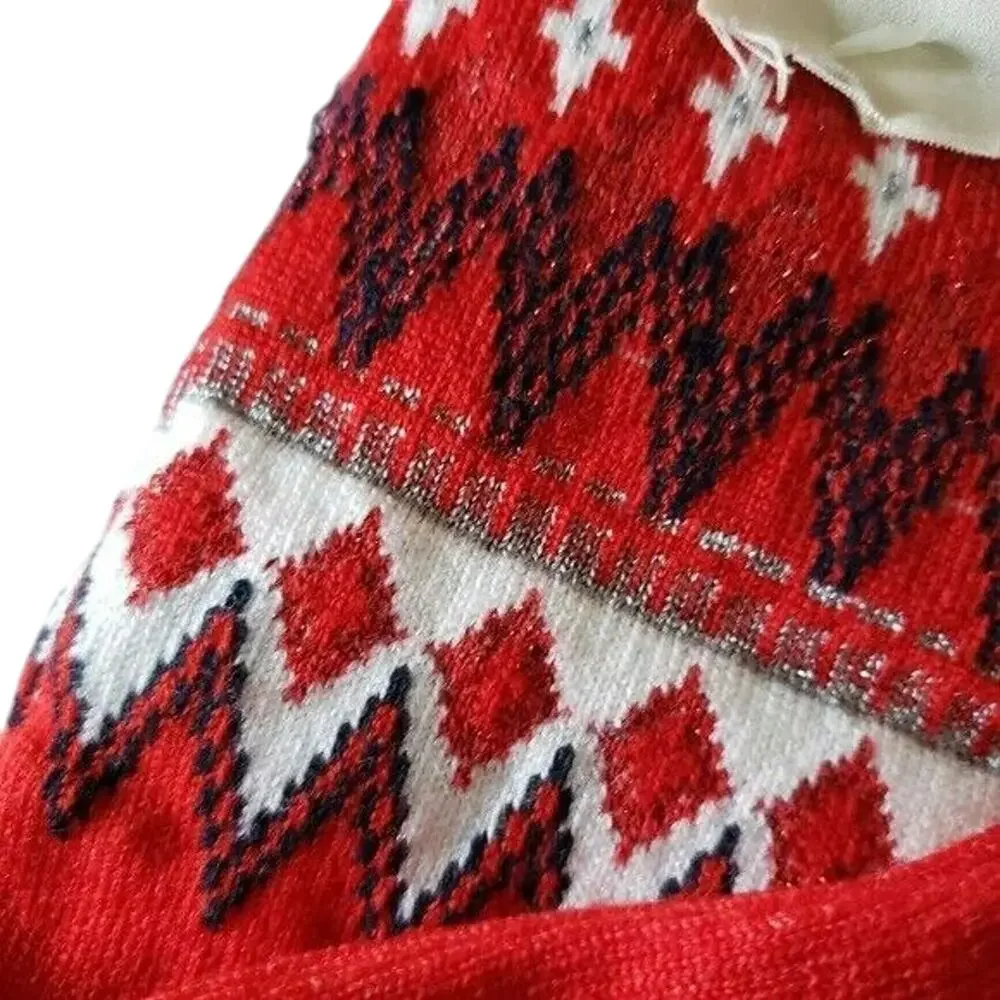 Free People Red Merino Wool Socks Fair Isle Crew Size‎ 9-11 Silver Blue Metallic